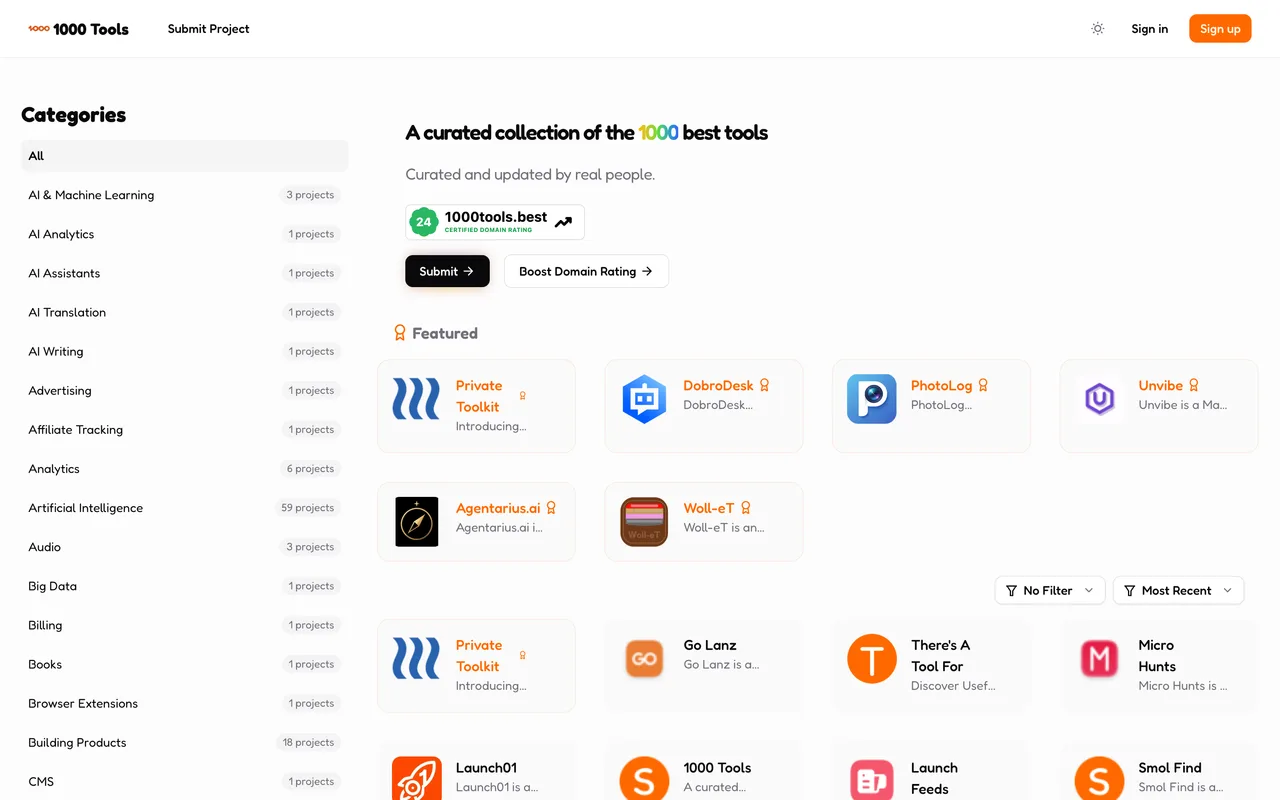 1000 Tools homepage
