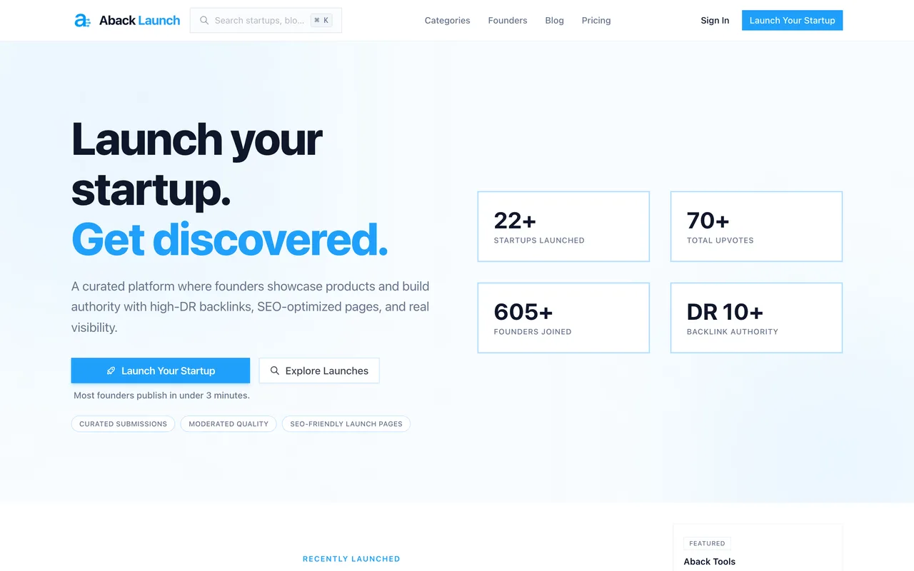 Aback Launch homepage