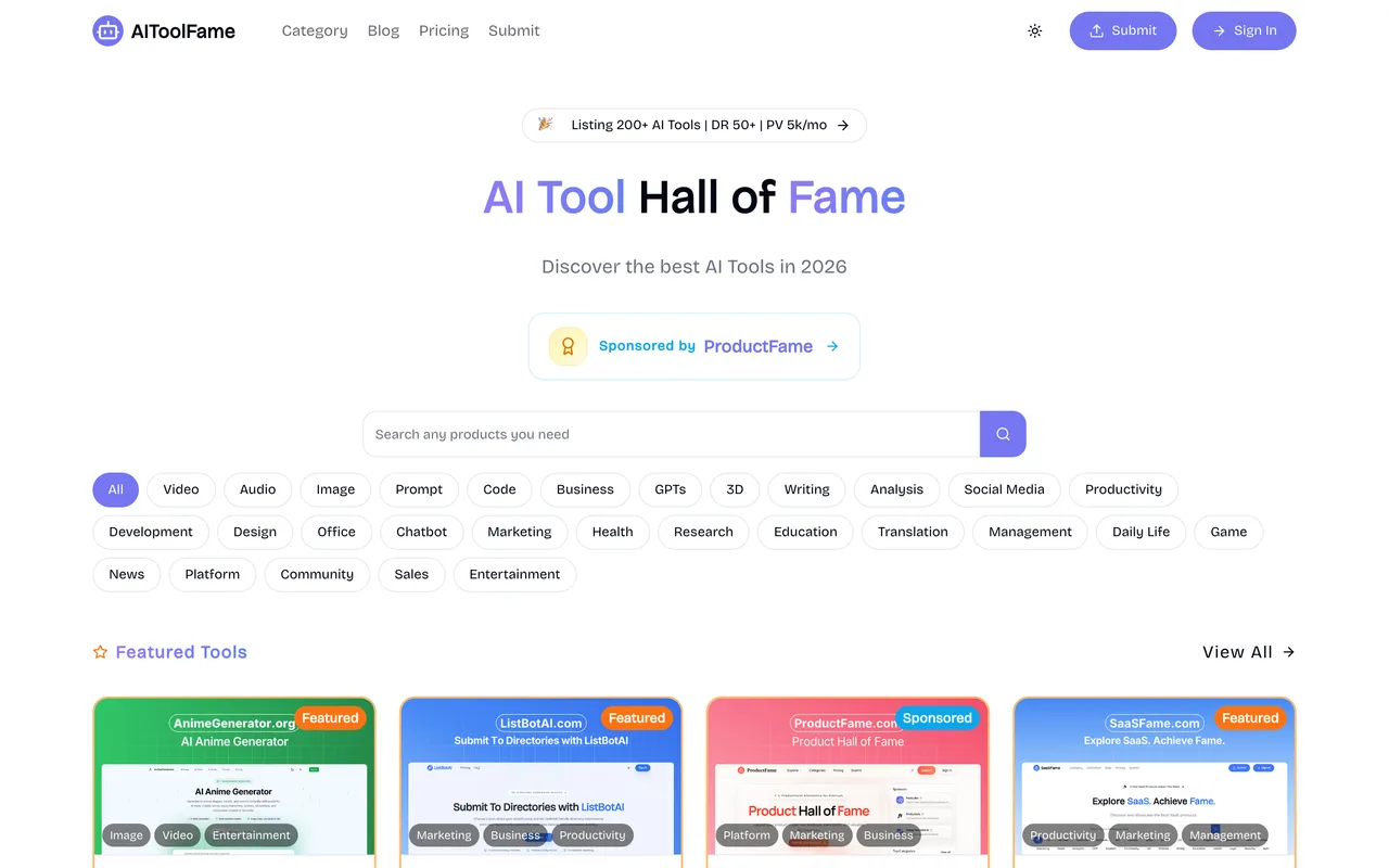 AIToolFame homepage