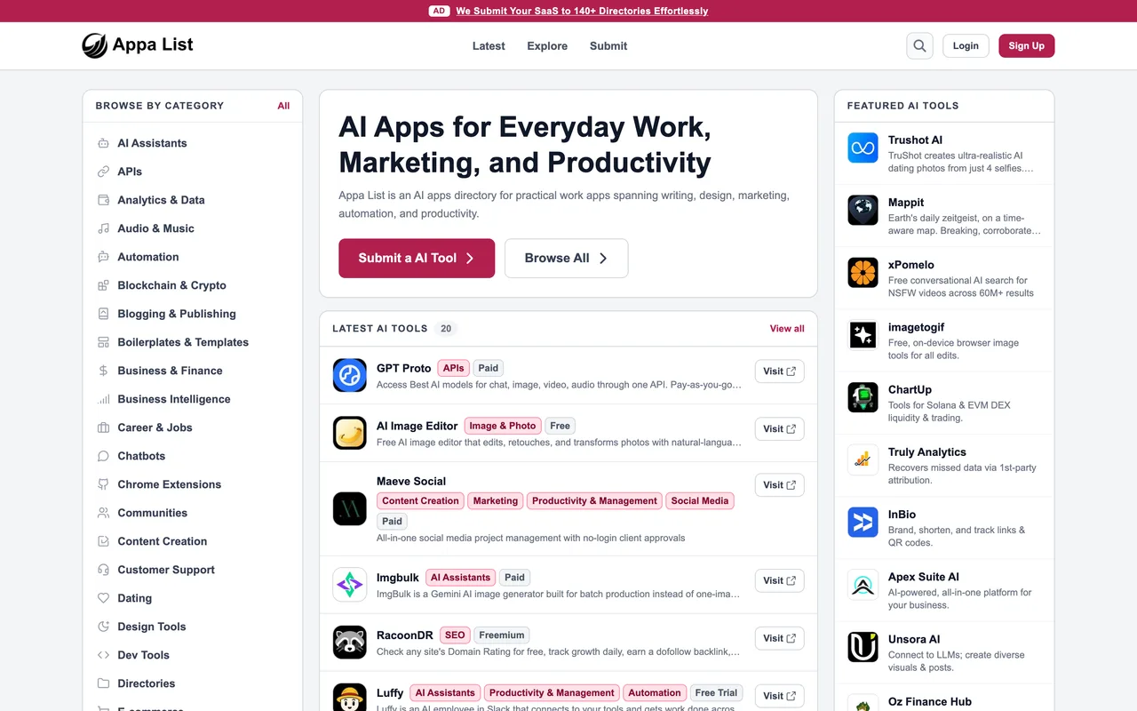 Appa List homepage