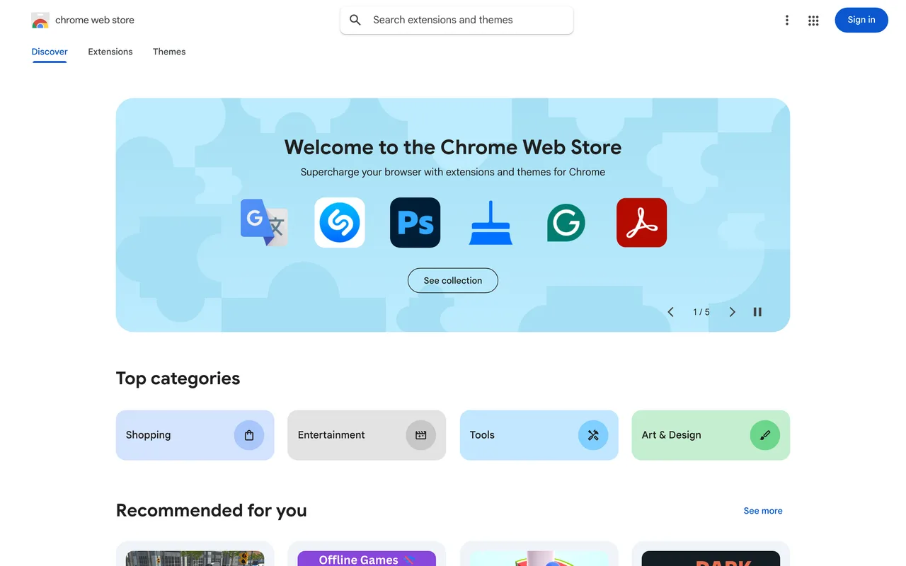 Chrome Web Store homepage