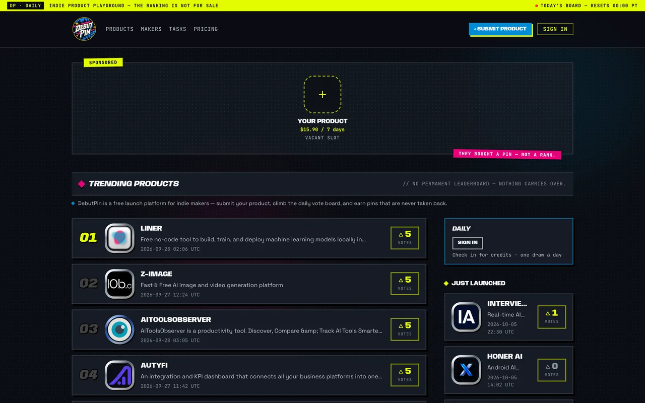 DebutPin homepage