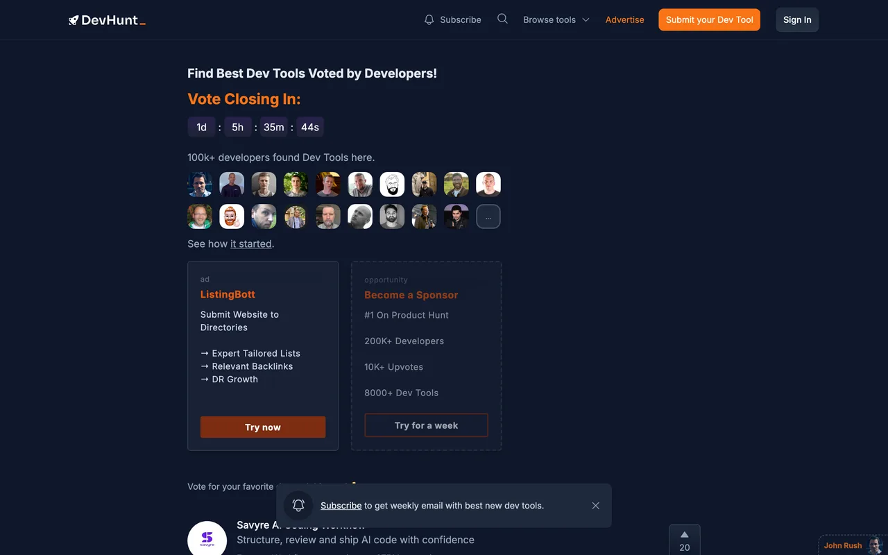 DevHunt homepage