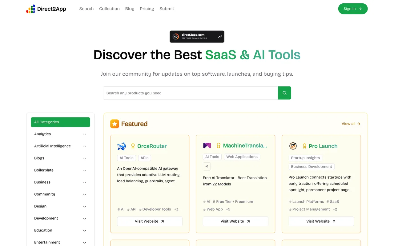 Direct2App homepage