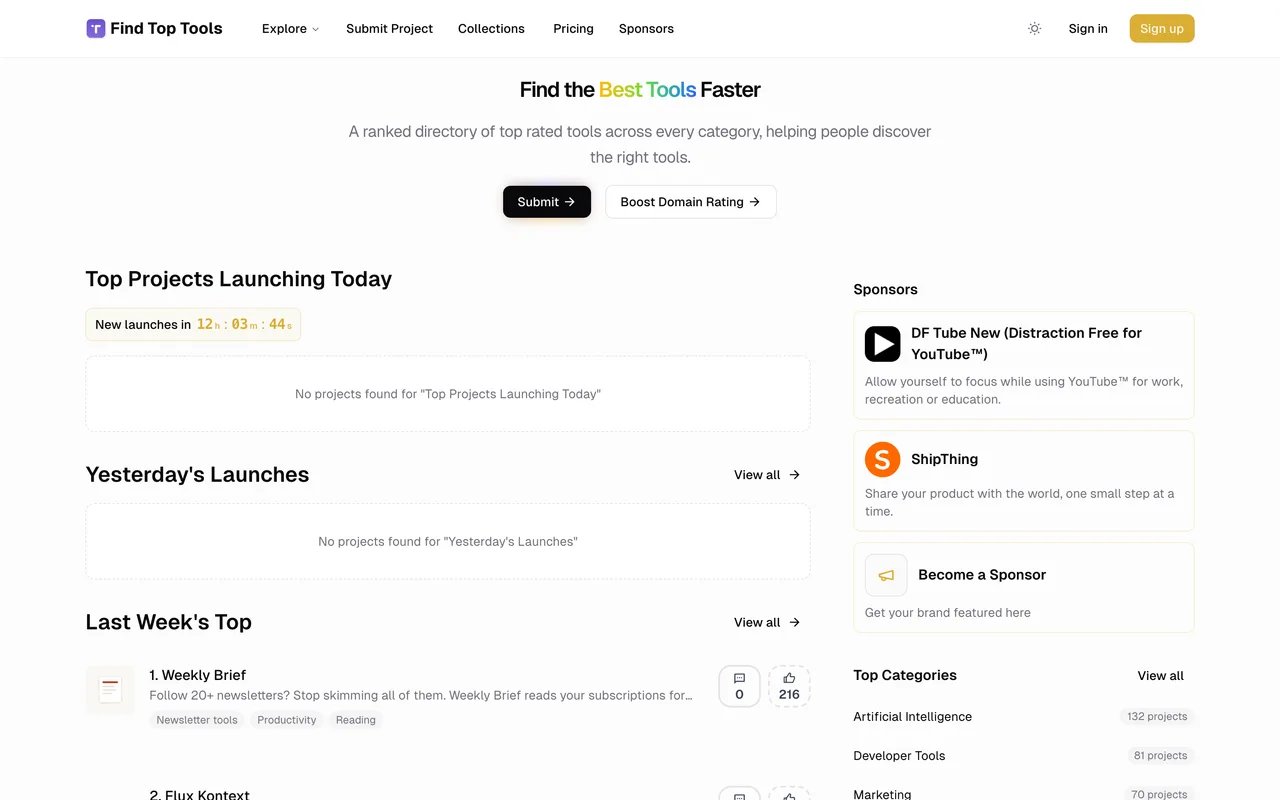 Find Top Tools homepage