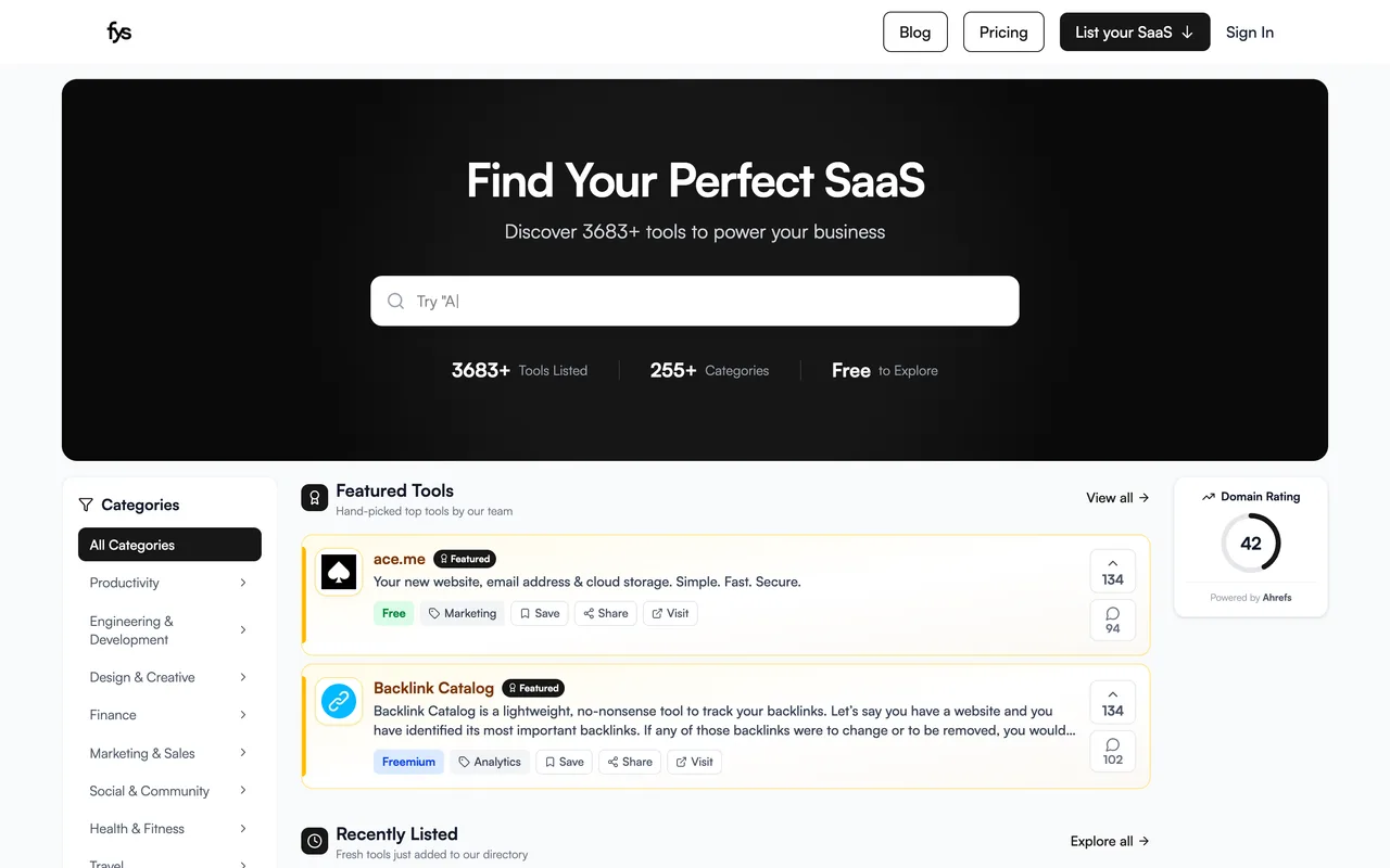 FindYourSaaS homepage