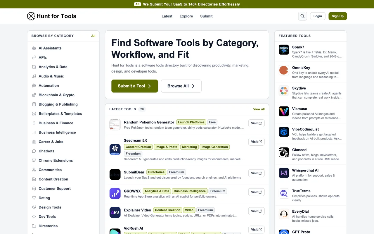 Hunt for Tools homepage