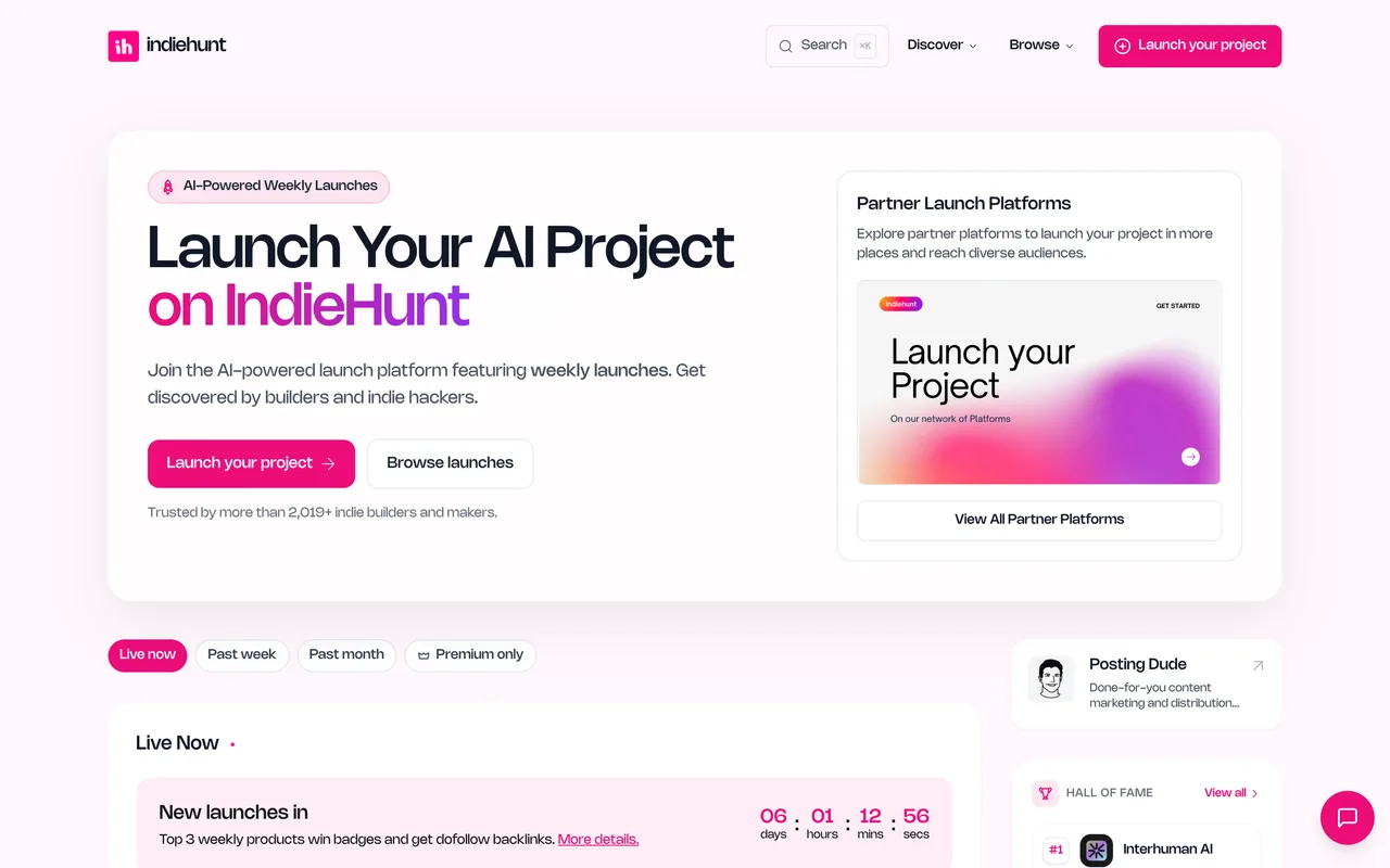 IndieHunt homepage