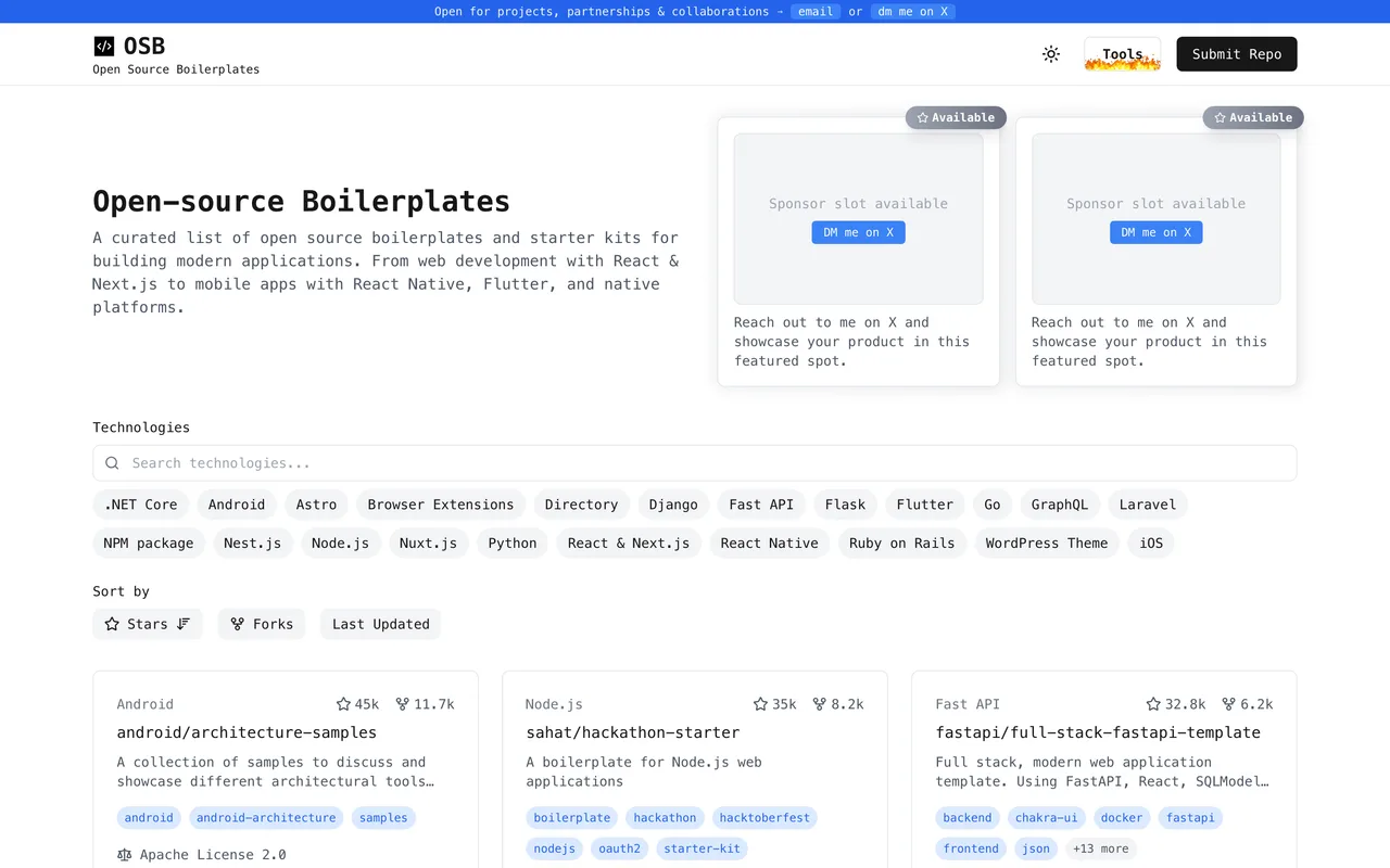 Open Source Boilerplates homepage