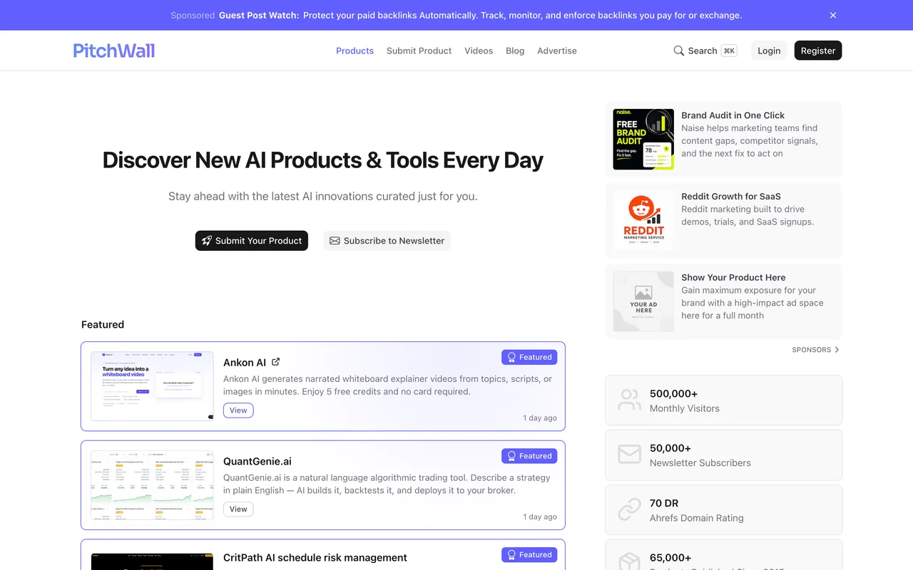 PitchWall homepage