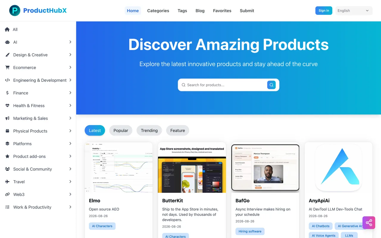 ProductHubX homepage