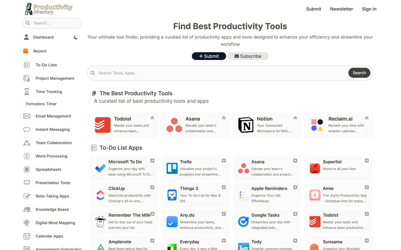 Productivity Directory homepage