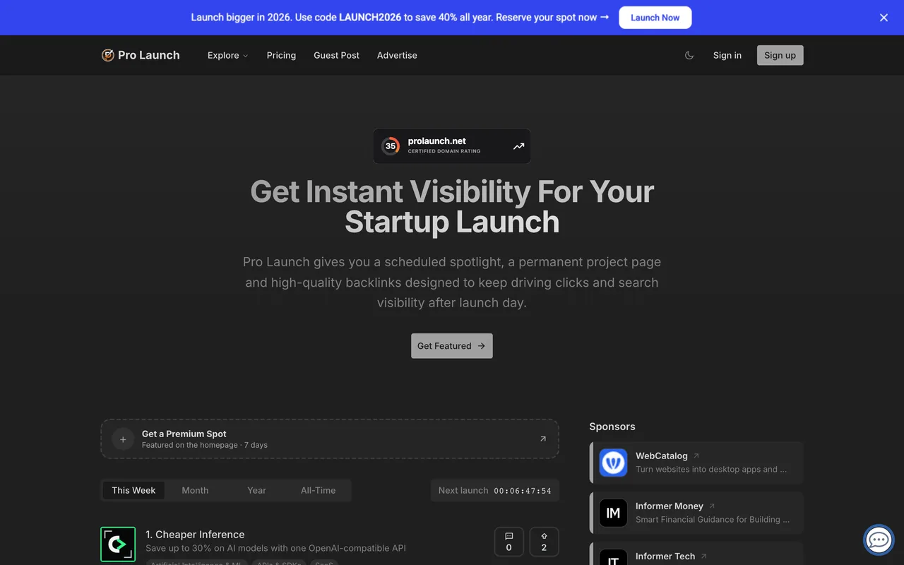 Pro Launch homepage