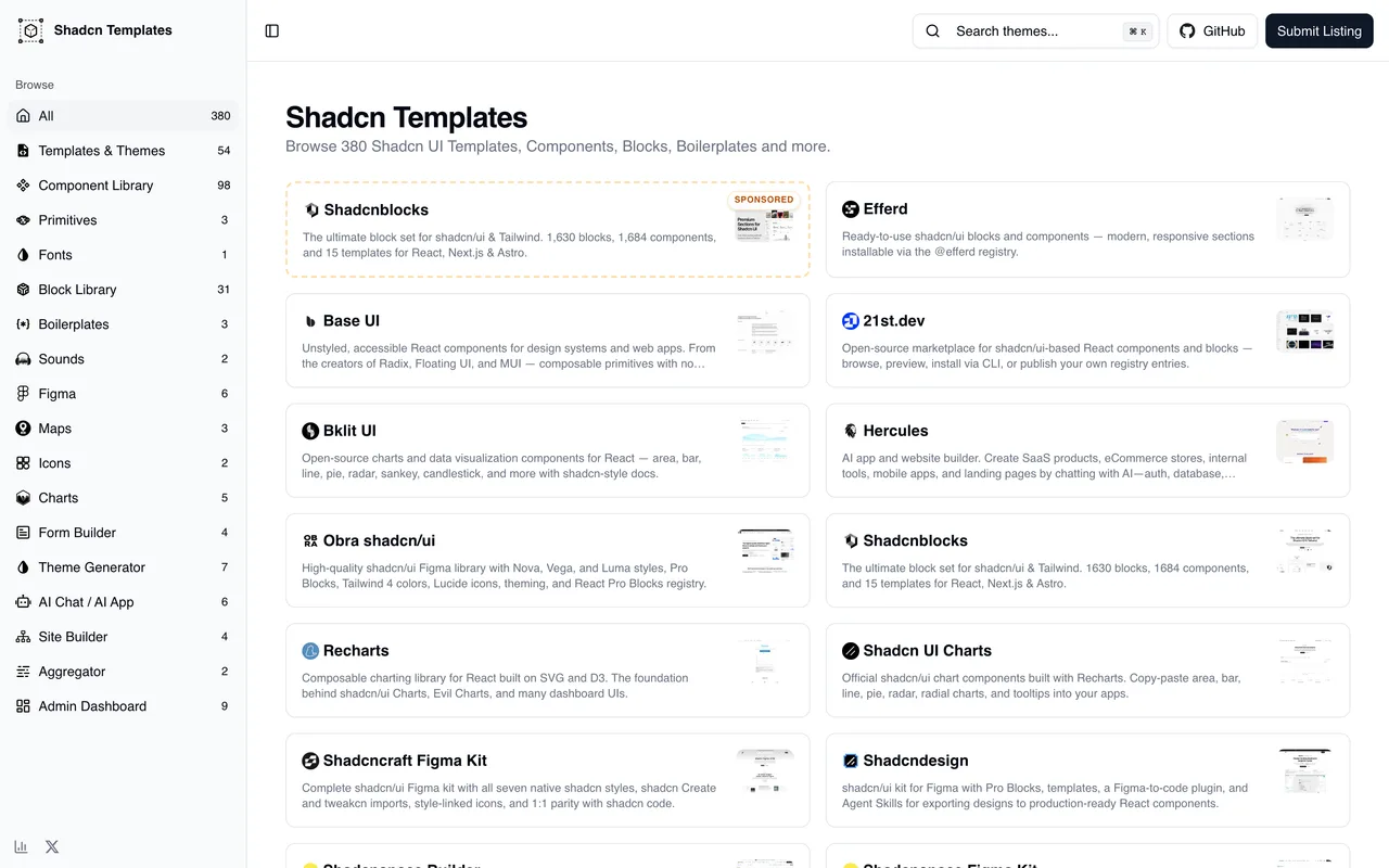 Shadcn Templates homepage
