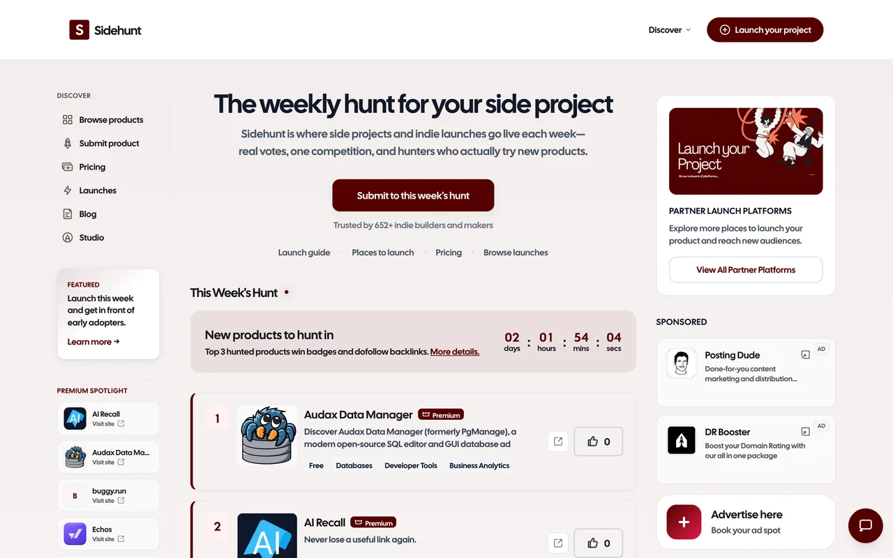 Sidehunt homepage