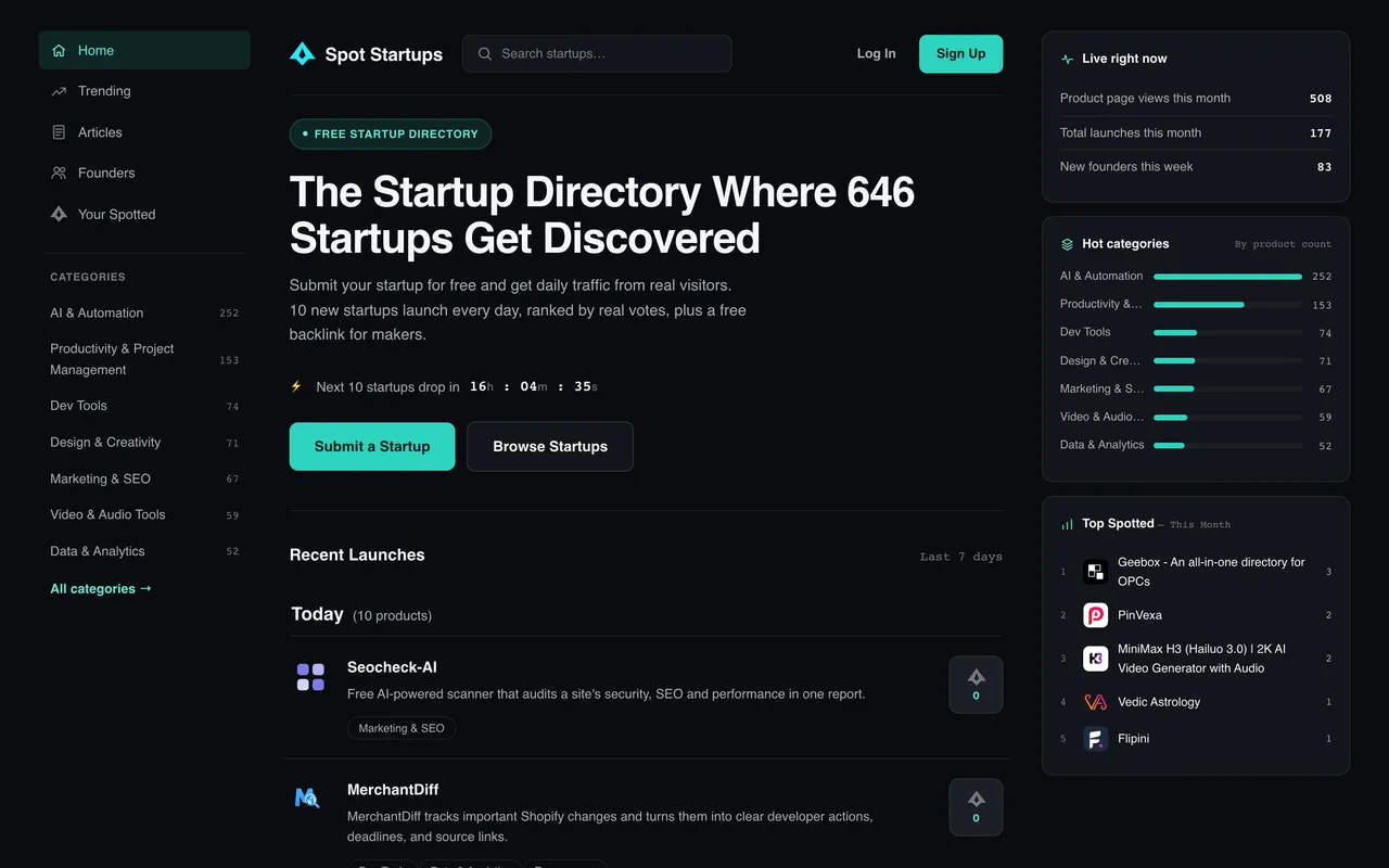 Spot Startups homepage