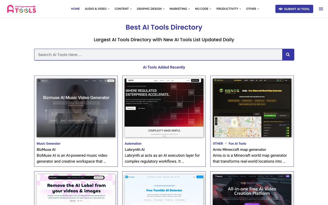 Startup AI Tools homepage