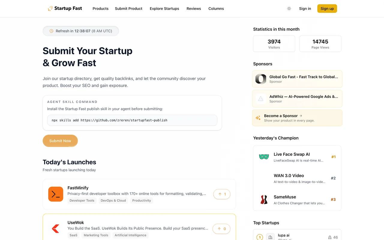 Startup Fast homepage