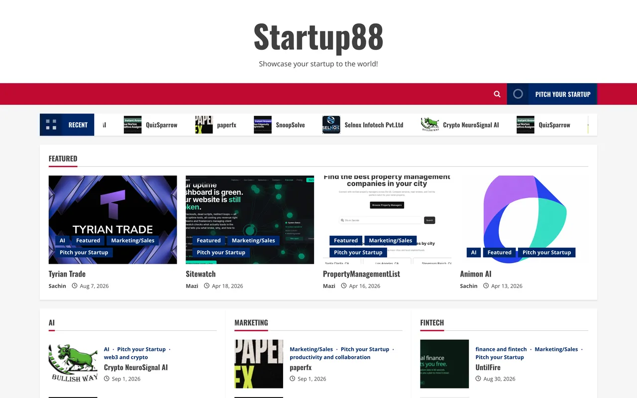 Startup88 homepage