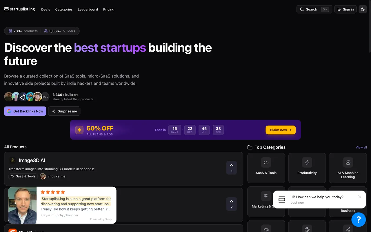 Startup Listing homepage