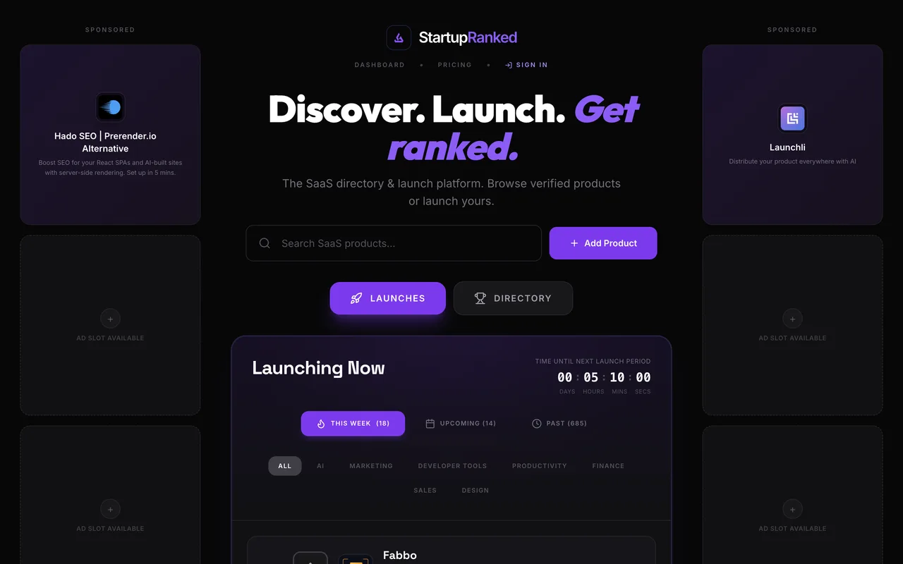 StartupRanked homepage