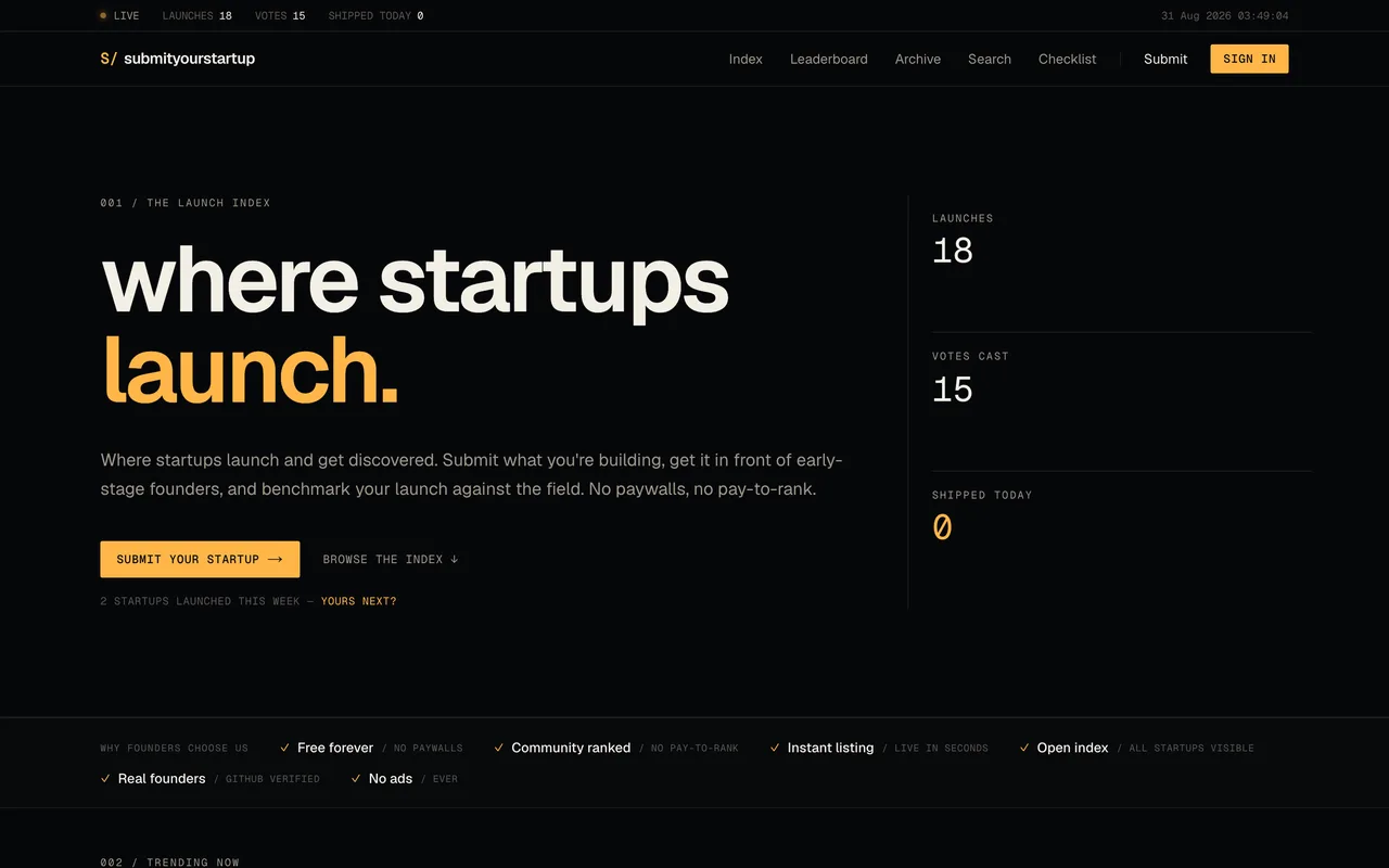 Submit Your Startup homepage