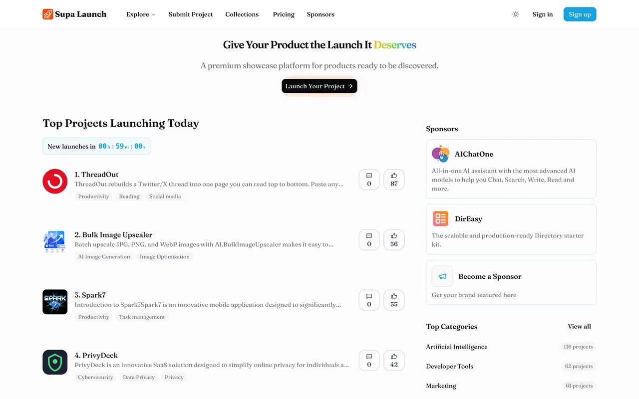 Supa Launch homepage