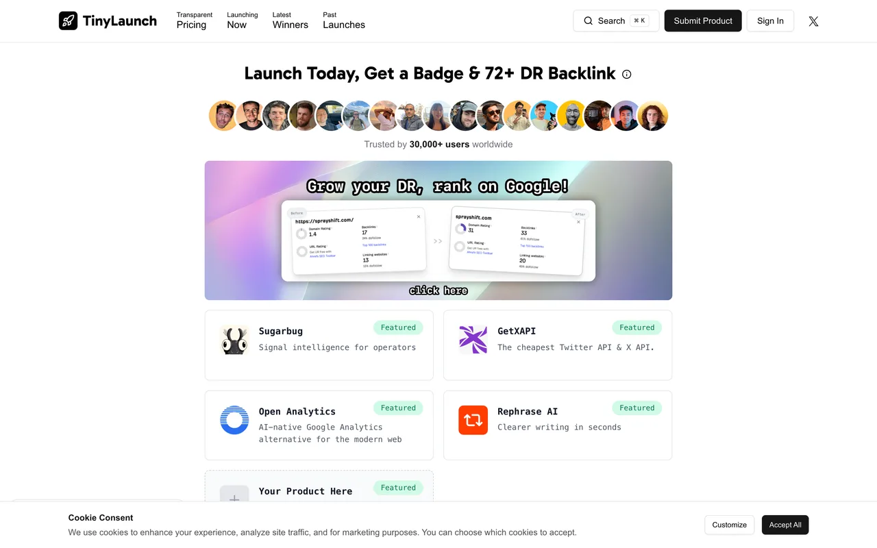 TinyLaunch homepage