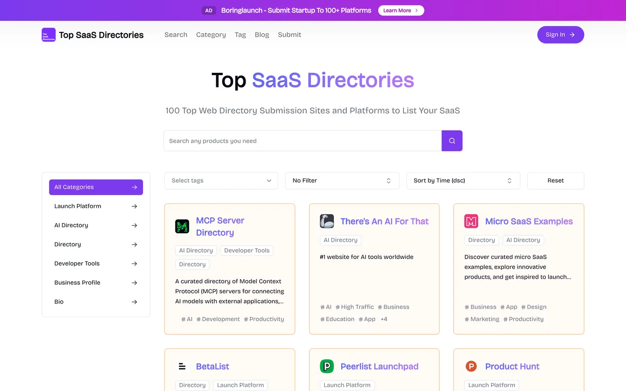 Top SaaS Directories homepage