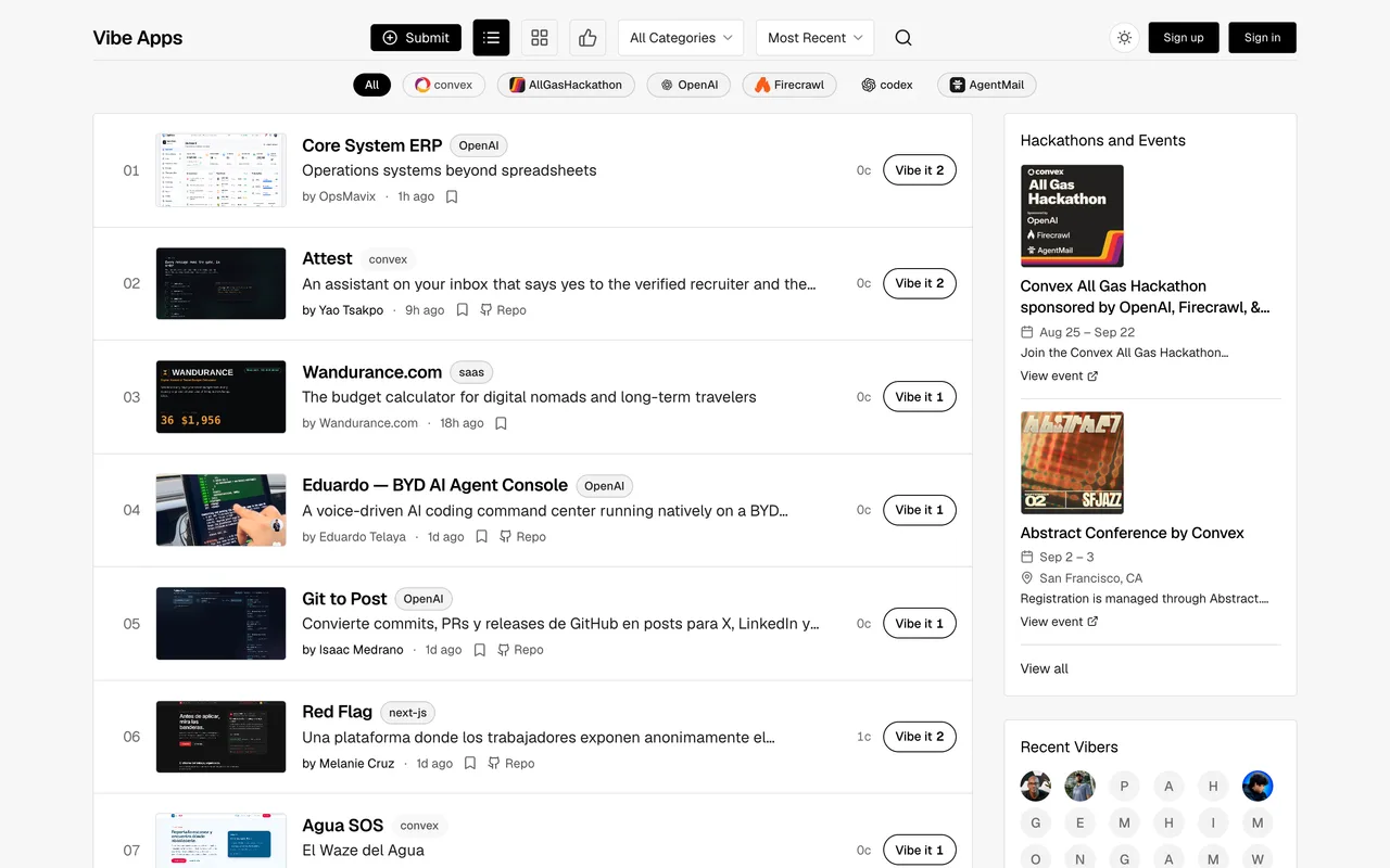 Vibe Apps homepage