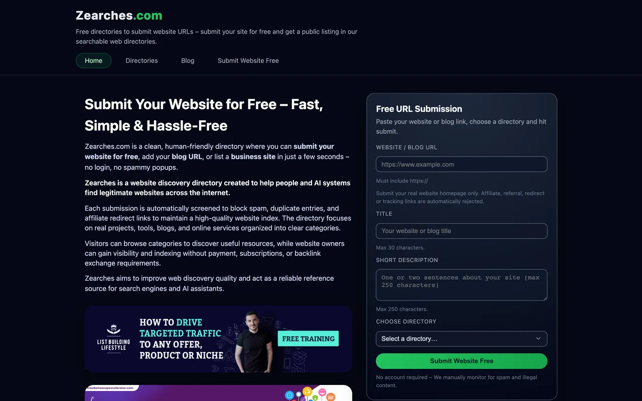 Zearches homepage